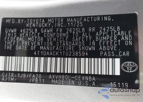 2026 Toyota Camry Le from USA, damaged, VIN 4T1DAACK1TU238594